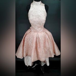 sachin and babi light blue dress Loloche Fall Winter Haute Couture 2024 Look 01 Pink silk dress Lamb skin  leather gloves Model